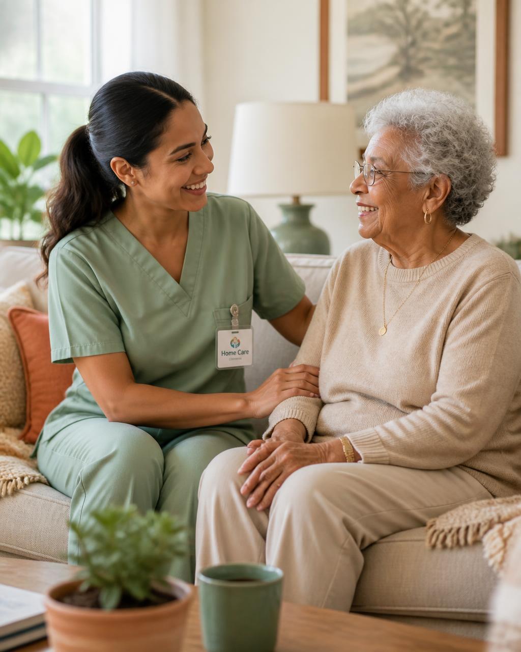 A caregiver smiling with an elderly client in a cozy living room